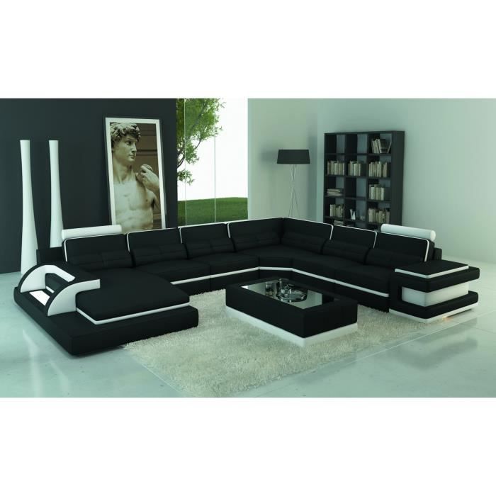 RANNA PANORAMIQUE - Canapé d'angle panoramique design en cuir noir et blanc avec lumière intégrée