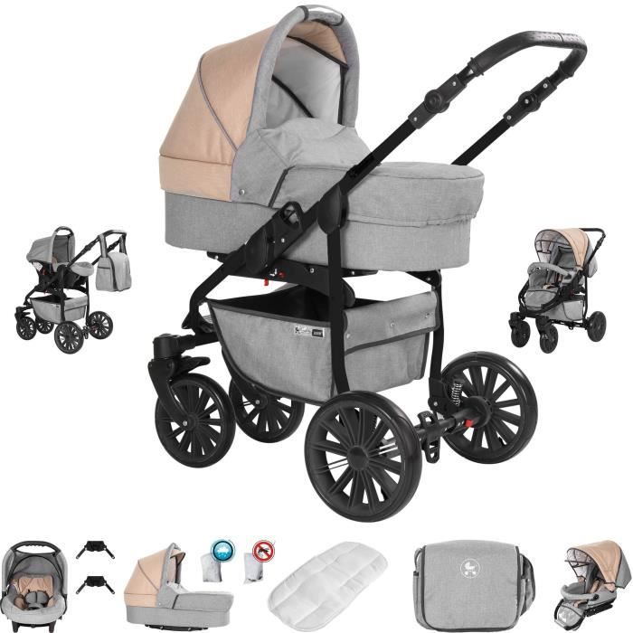 Friedrich Hugo Berlin - 3 en 1 poussette combiné pack de voyage - roue en airr - Couleur: Light Grey and Beige Night