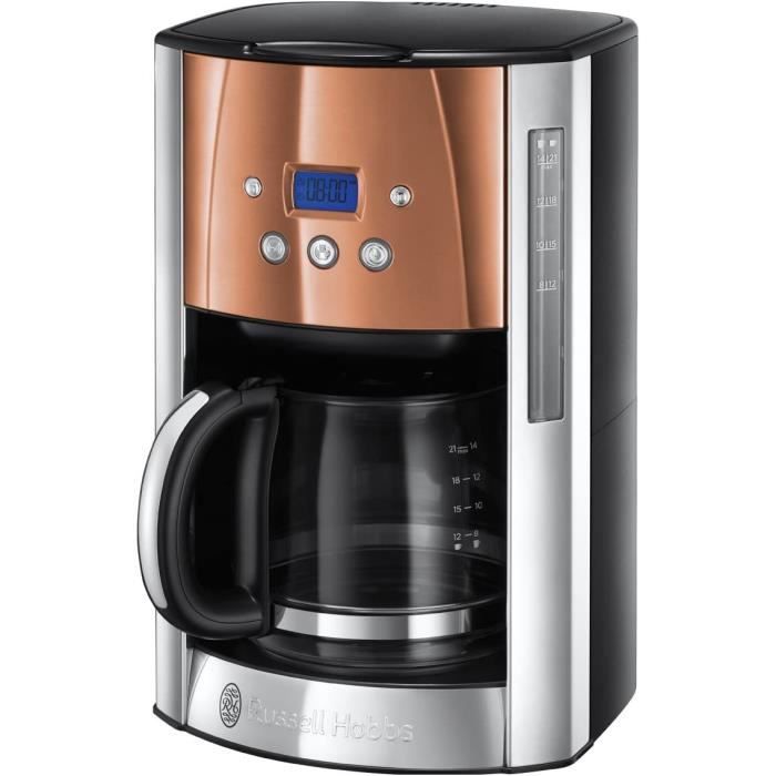 Russel Hobbs Machine à Café, Cafetière Filtre 1,8L Inox, 12 Tasses, Programmable, Auto-Nettoyante - Cuivre 24320-56 Luna