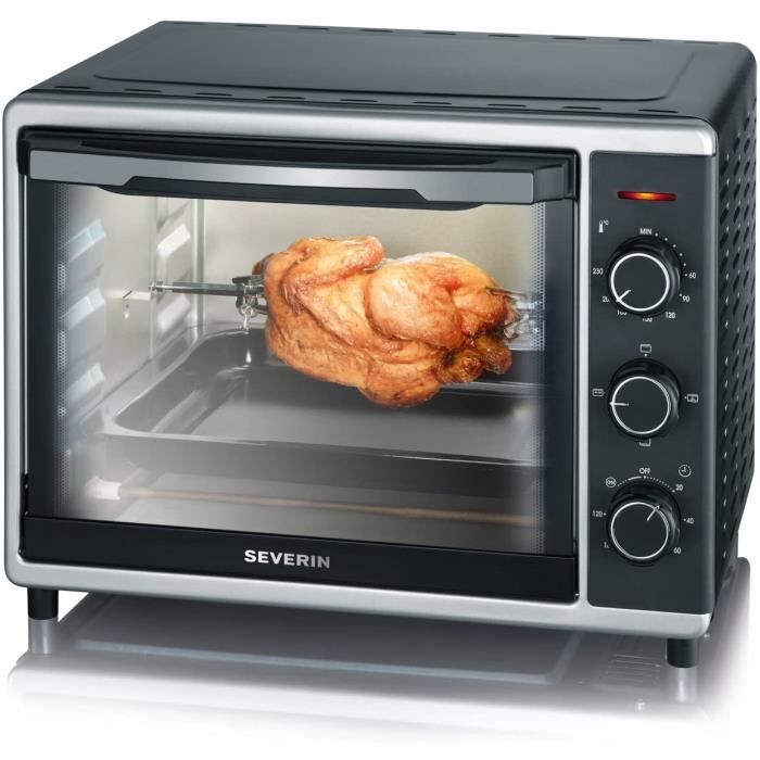 SEVERIN Mini-Four à Chaleur Tournante 30 L, Inclus : Tournebroche, Minuteur 120 min, 1 600 W, Noir/Inox, TO 2056