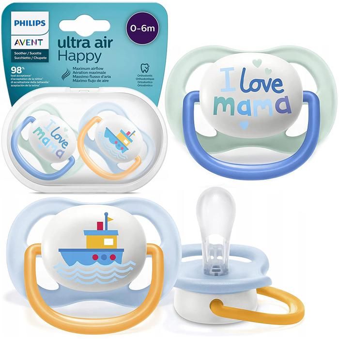 Avent Sucette Symétrique Ultra Air +0m Love Mama Bleu Lot de 2