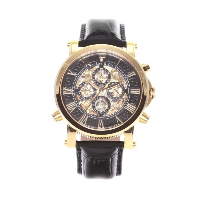 Boudier & Cie - SK14H036 - Montre Homme Squelette avec Diamant - Automatique Analogique - Cadran Noir - Boitier doré - Bracelet C