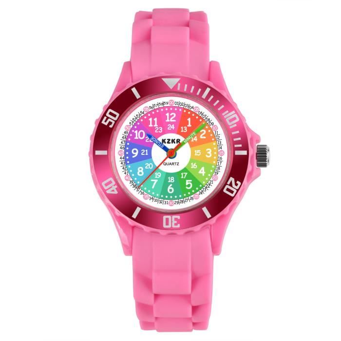 KZKR Montre fille rose Montre Pédagogie enfant Cadran de couleur dégradé Bracelet en silicone souple 12/24H Couvercle rotatif