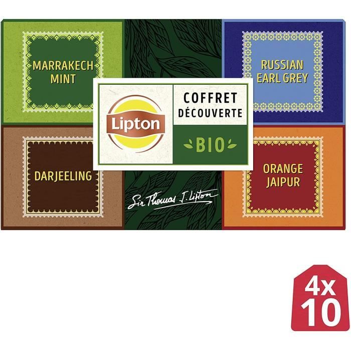 LIPTON Coffret Découverte Thés Bio Sir Thomas Lipton, 1 Thé vert et 3 Thés noirs - 40 sachets