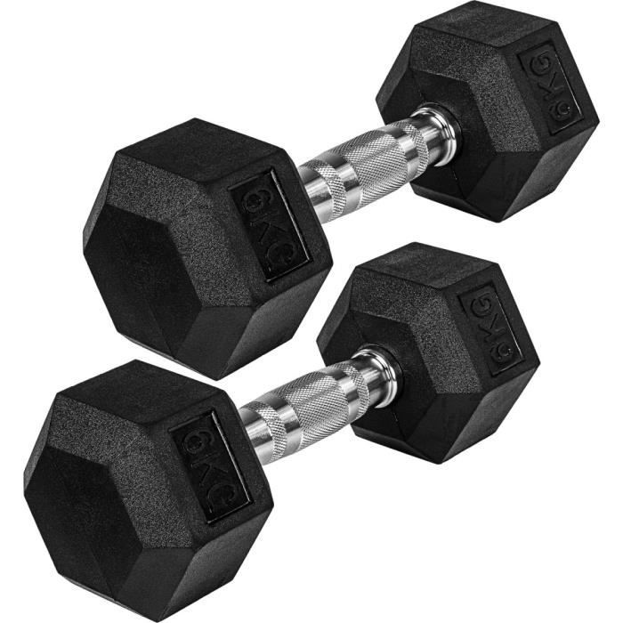 Movit® haltère hexagonal, Dumbbells en fonte avec revêtement caoutchouc, 2x6kg, barre chromée, moletée et antidérapante