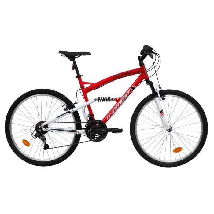 Vélo VTT 26'' Tout suspendu équipé de 18 Vitesses via un dérailleur Shimano TY21, de freins V-brake et de jantes en aluminium.