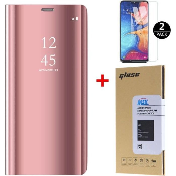 Coque Samsung A20E + [2 Pack] Verre trempé, Miroir Case Avec Stand Fonction Flip Protection Pour Samsung Galaxy A20E - Or Rose