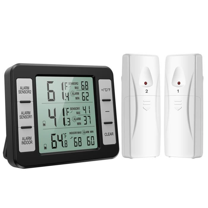 Thermomètre Réfrigérateur, thermomètre numérique Congélateur Réfrigérateur avec Facile à Lire écran LCD, Min/Max, avec 2 Capteurs
