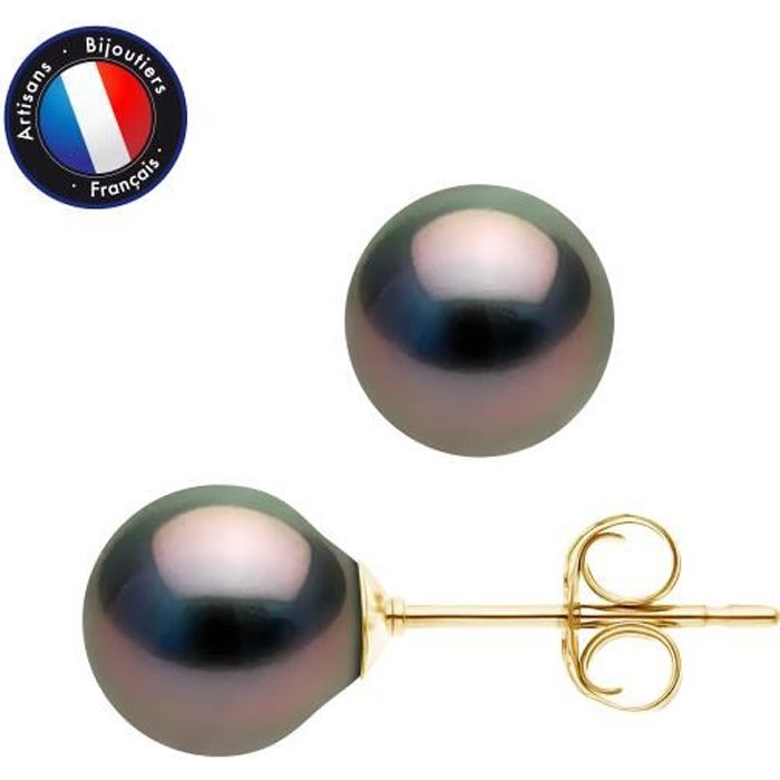 PERLINEA - Boucles d'Oreilles - Véritables Perles de Culture de Tahiti - 8-9 mm - Or Jaune - Bijoux Femme