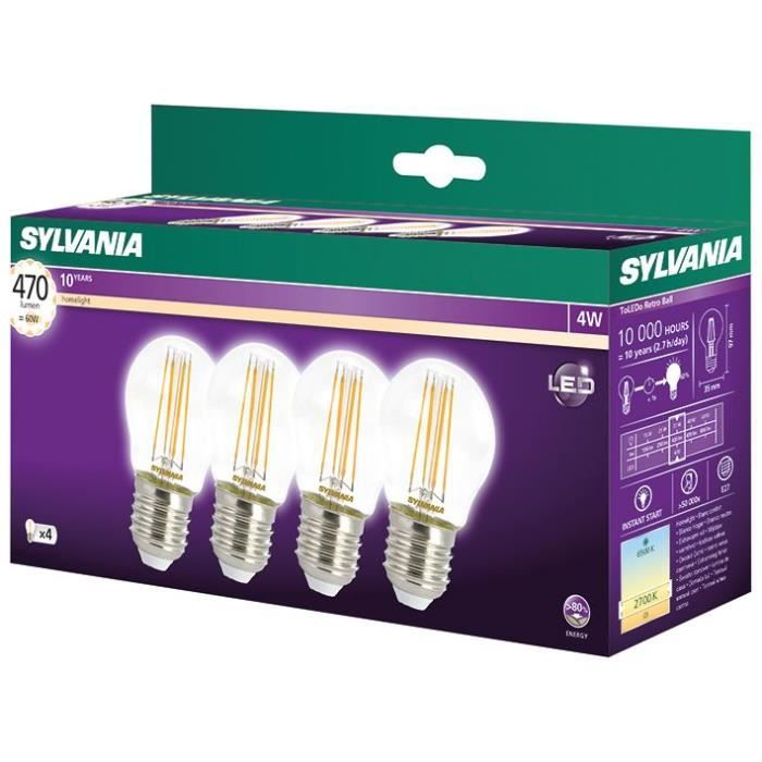 SYLVANIA Lot de 4 LED sphériques - 470lm - E27 - 2700k - Chaud