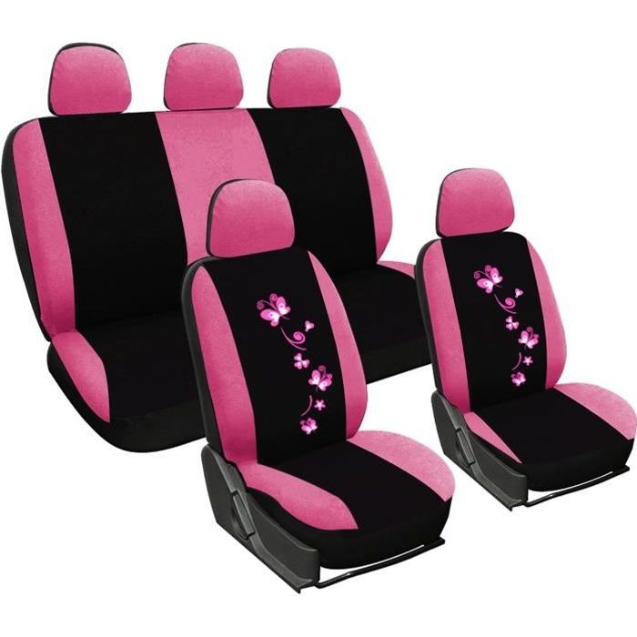 WOLTU Housse de siège universelle,couverture de siège de voiture,avec motif papillon et fleur,Noir Rose