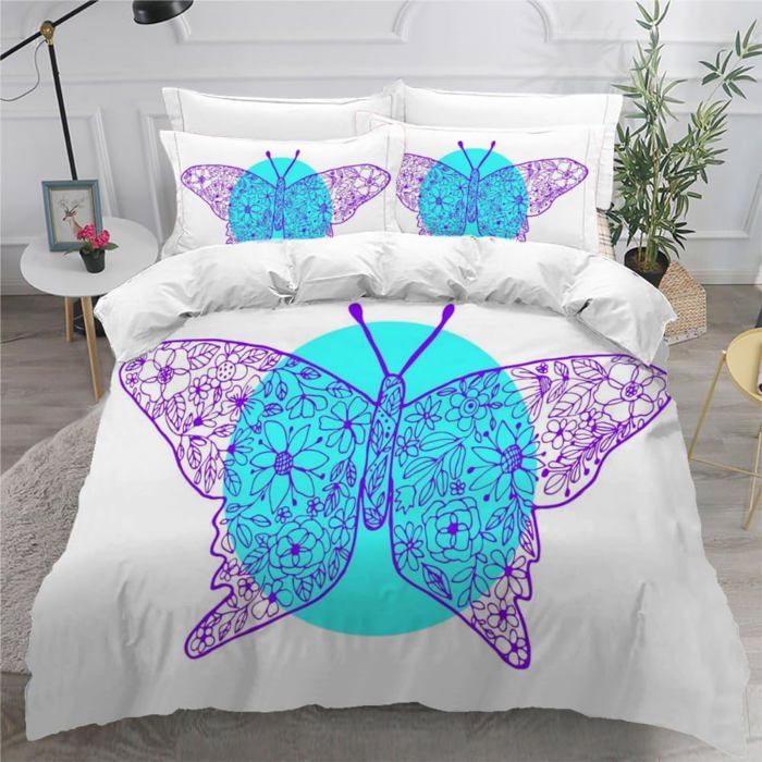 Housse De Couette 140x200 Motifs Papillons 3D – Parure Lit 1 Personne Microfibre + 2 Taies 65x65 Cm – Ensemble Literie Doux