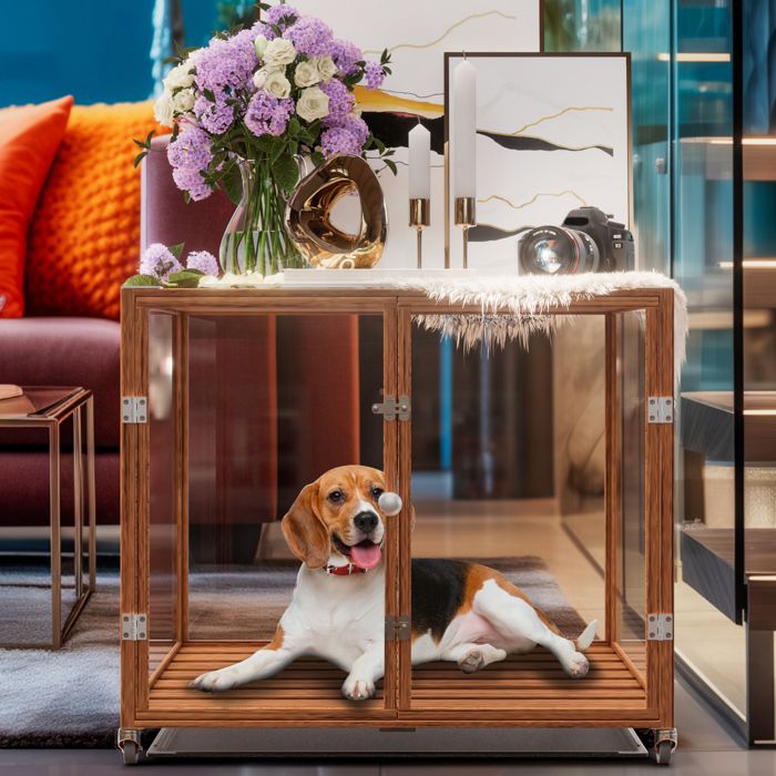 Comparer les prix de Meuble Cage Chien Intérieur Transparent Caisse pour Chien en Verre Trempé sur Roulette - L