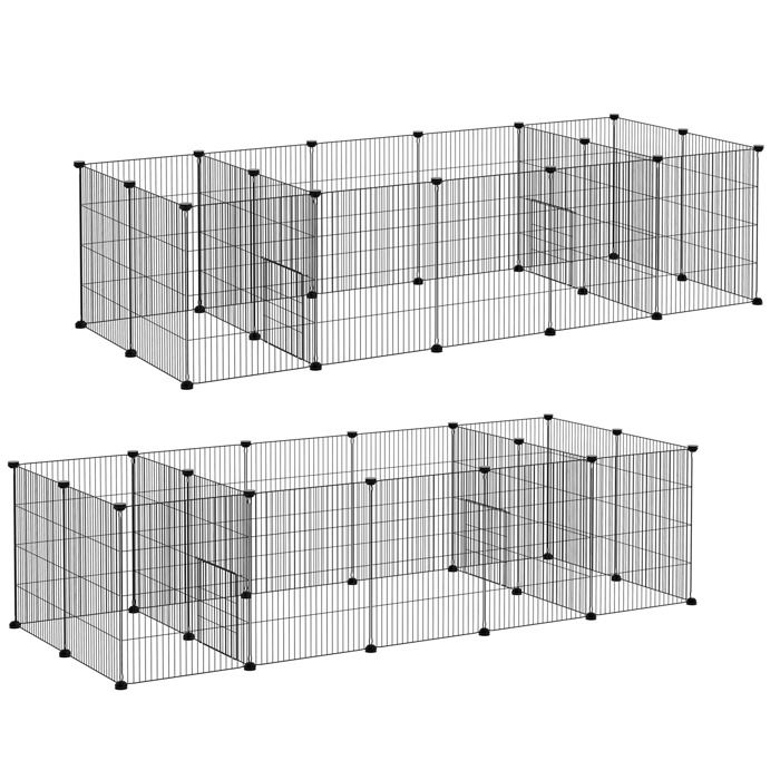 Comparer les prix de Lot de de 2 cages pour cochons d'Inde PawHut clôture pour petits animaux, 36 pièces avec porte pour extérieur et intérieur noir