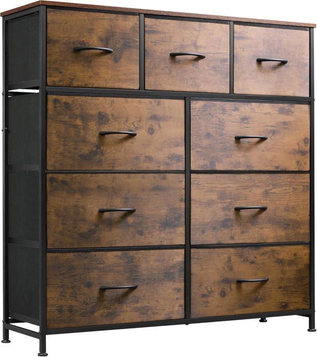 Commode à 9 Tiroirs VEDECASA - 99x30x100 Cm, Cadre Métal, Plateau Bois, Tiroirs Tissu Motif Vintage - Rangement Chambre, Salon