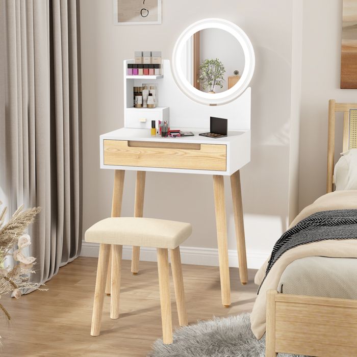Coiffeuse avec Miroir LED Réglable et Tabouret - PULUOMIS - Table de Maquillage - Tiroirs et Étagères - Blanc