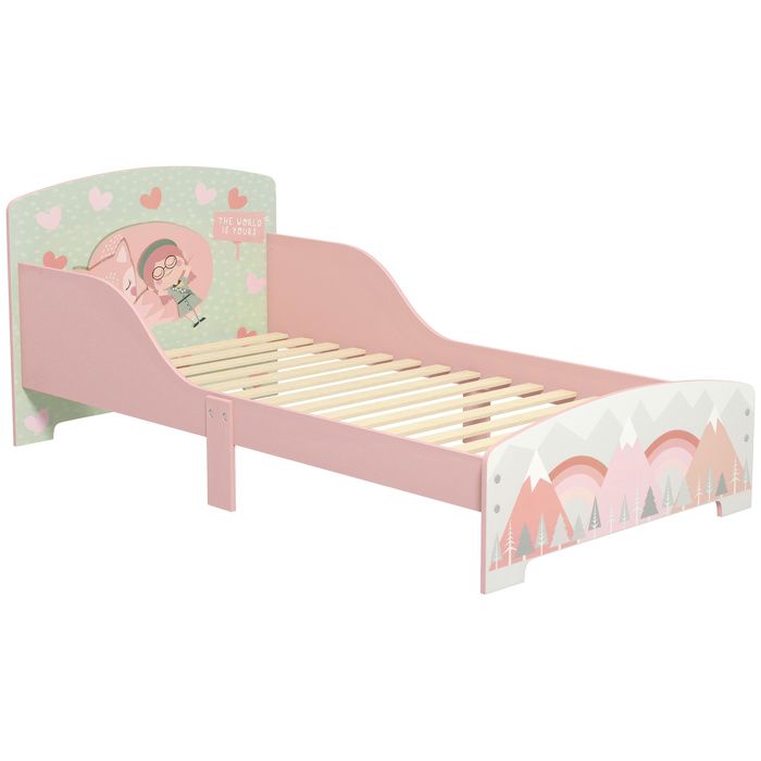 Lit pour enfant ZONEKIZ 3-6 ans avec barrières de sécurité et motifs dim. 77 x 143 x 60 cm sommier à lattes inclus - rose Lit pour enfant ZONEKIZ 3-6 ans avec barrières de sécurité et motifs dim. 77 x 143 x 60 cm sommier à lattes inclus - rose
