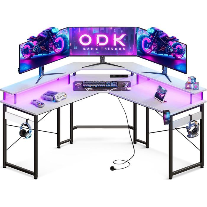 KIMENICH Bureau Gaming LED, Bureau d'angle avec Rangement, Multiprise, avec 2 Chargeur USB, 3 Prises, Support d'écran, Étagère, Tiroir, Crochets et Poche, Noir KIMENICH Bureau Gaming LED, Bureau d'angle avec Rangement, Multiprise, avec 2 Chargeur USB, 3 Prises, Support d'écran, Étagère, Tiroir, Crochets et Poche, Noir