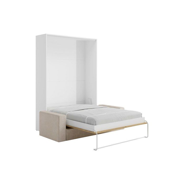 Lit escamotable 160 x 200 cm - Ouverture verticale manuelle - Coloris : Naturel et blanc + Canapé en velours côtelé beige - BEGANIO Lit escamotable 160 x 200 cm - Ouverture verticale manuelle - Coloris : Naturel et blanc + Canapé en velours côtelé beige - BEGANIO