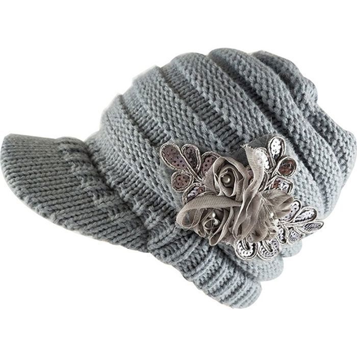 Meilleurs prix pour Bonnet dhiver en laine pour femme casquette à visière à paillettes bonnet tricoté avec protection des oreilles gris Étiquette