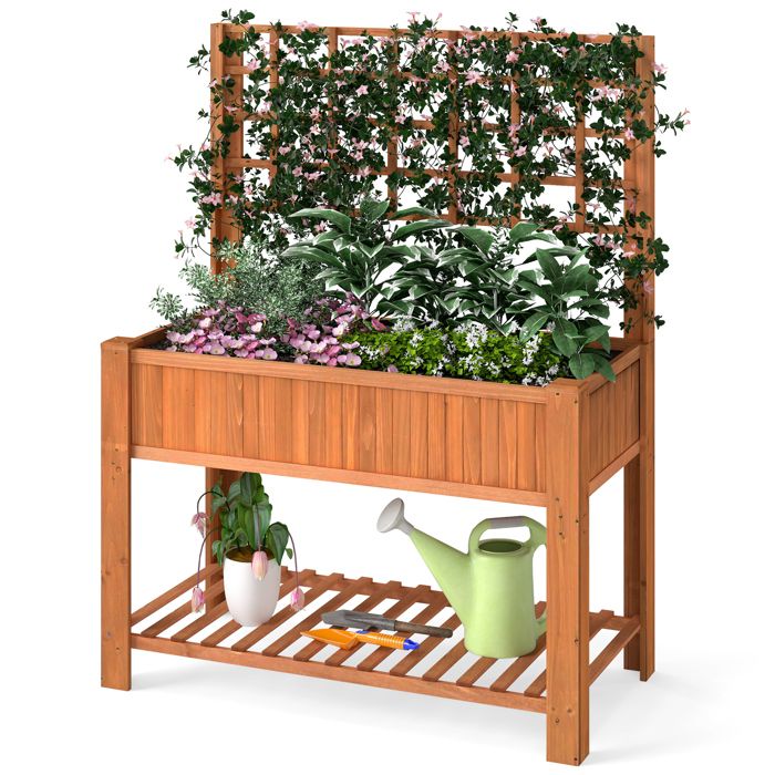 Jardiniere sur Pieds avec Treillis - RELAX4LIFE - Étagère Inférieure pour Outils - Trous de Drainage - Fond Amovible - Marron