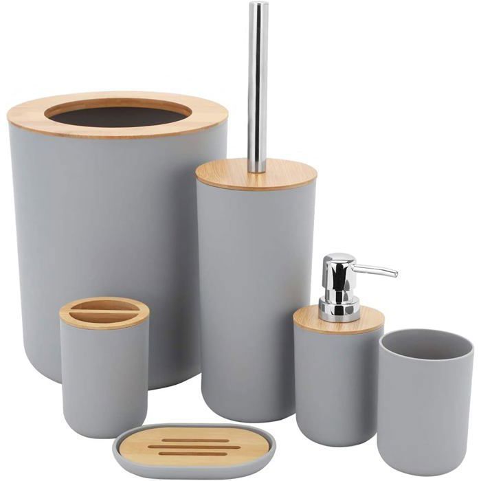 Ensemble Salle De Bain 6 Pièces En Bambou Naturel – Distributeur Savon, Brosse WC, Porte-Brosse à Dents, Gobelet, Porte-Savon & Boîte – Style Moderne & Éco