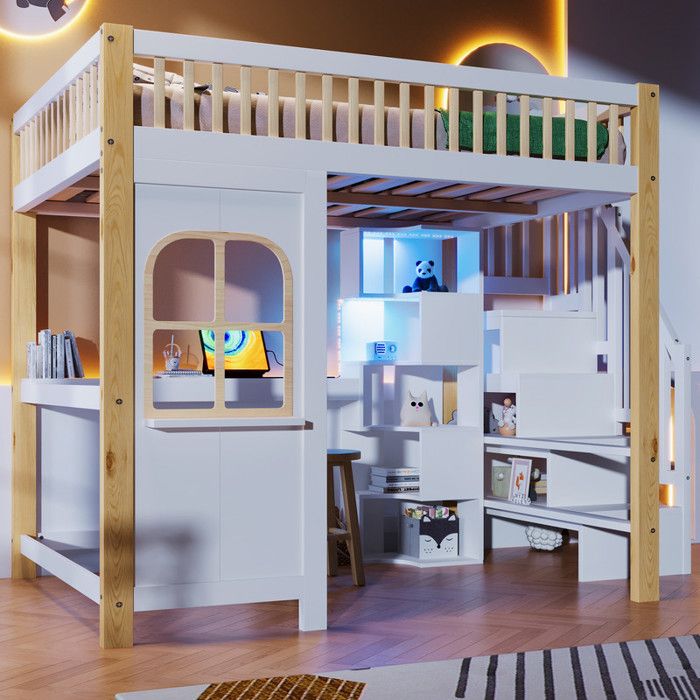Lit mezzanine 140x200 cm - Avec éclairage LED - Avec échelle de rangement - Bureau + prise - Blanc + naturel(matelas non inclus)