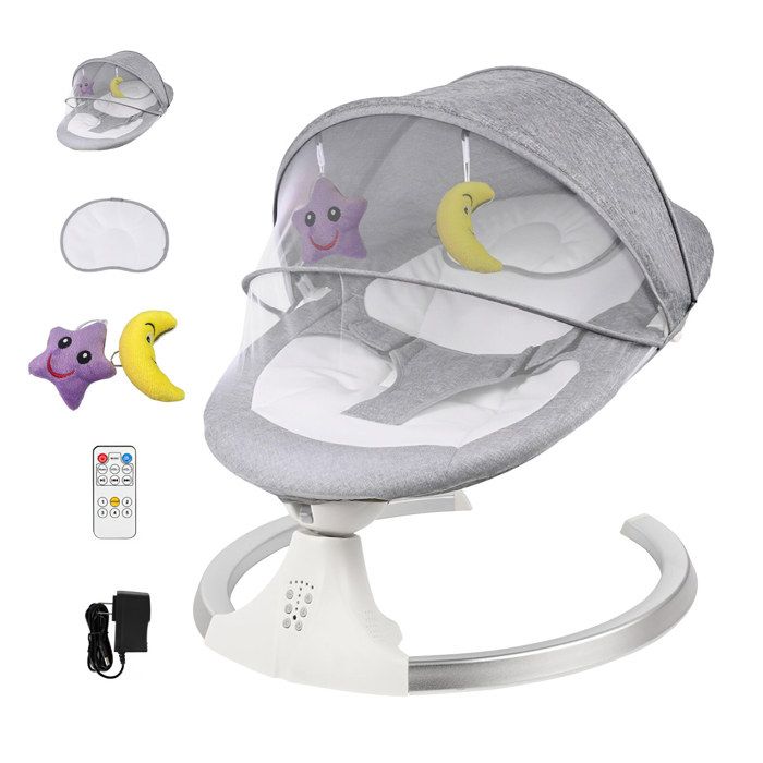 Balancelle Bébé Électrique - Cinq vitesses réglables - Minuterie - Bluetooth/musique - ceinture sécurité - Amovible et lavable