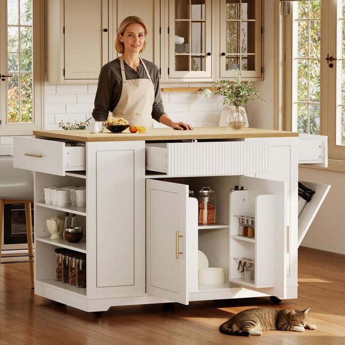 Îlot de cuisine avec compartiment poubelle meuble buffet 120x50x92 cm Ilot central mobile à roulettes 2 portes et 3 tiroirs