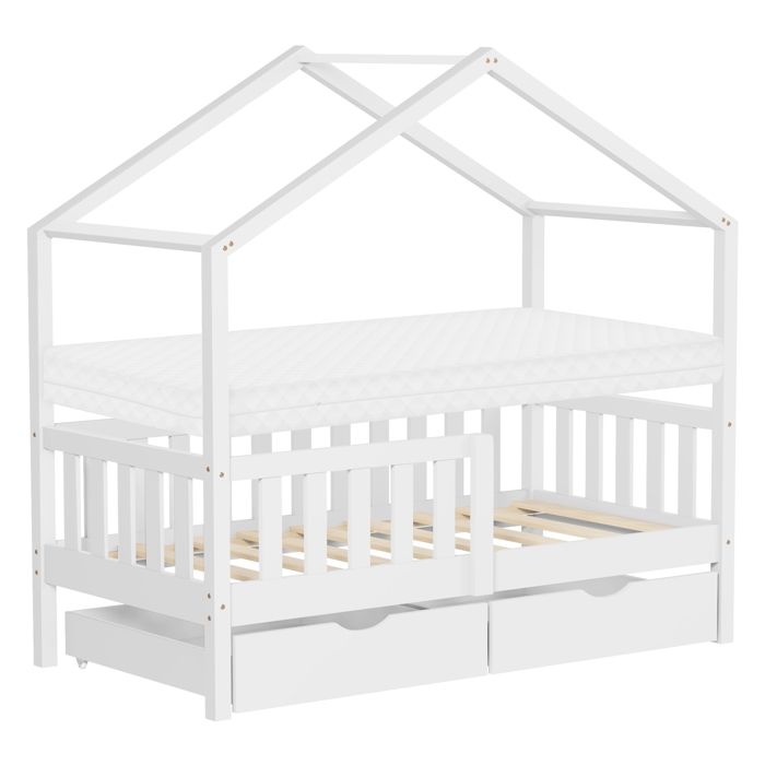 Lit cabane enfant ML-Design 70x140cm blanc avec matelas 2 tiroirs antichute toit sommier à lattes Lit cabane enfant ML-Design 70x140cm blanc avec matelas 2 tiroirs antichute toit sommier à lattes