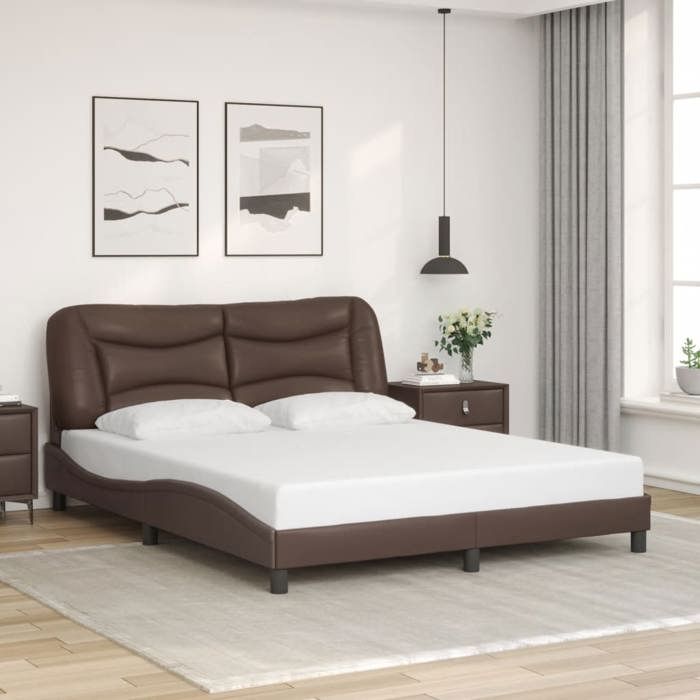 Cadre de lit en similicuir - UU - 160x200 cm - Marron - Similicuir - Tête de lit incluse - Design ondulé