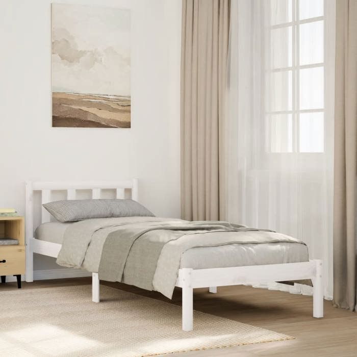 Structure de lit extra long - UU - 100x210 cm - Bois massif pin - Blanc - Lattes incluses - Tête de lit - Pieds robustes