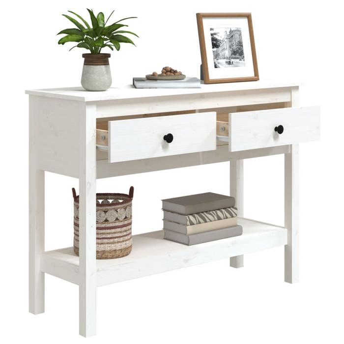 Blanc Table console - CLARENCE - Meuble couloir - Blanc 100x35x75 cm - Bois massif de pin CC661