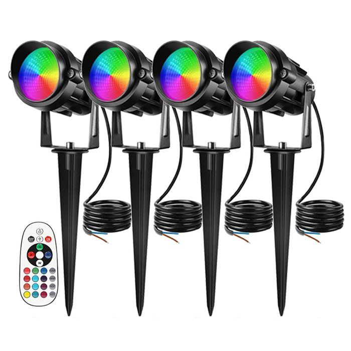 Éclairage Paysager LED RGBW 10 W à Changement de Couleur avec Télécommande Projecteurs Extérieurs Étanches IP65 avec Piquet