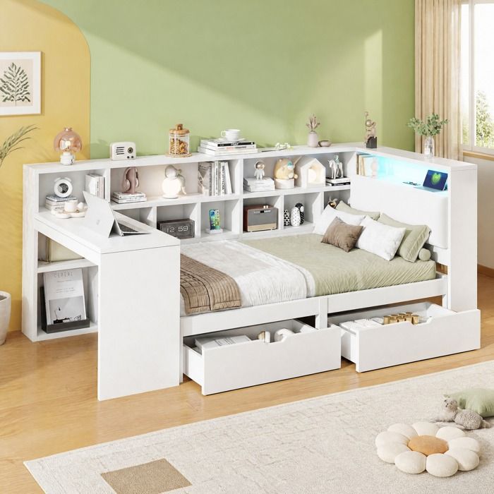 Lit plateforme 90x200 en L avec bureau intégré et LED Maisentiel