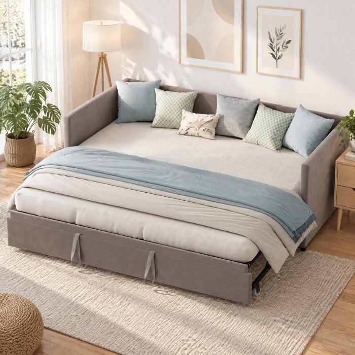 Lit gigogne 2 places 90/180x200 cm Canapé-lit Convertible rembourré avec sommier à Lattes Canapé Convertible Extensible Velours Gris