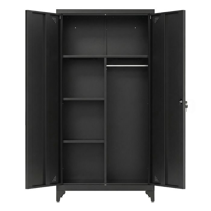 Armoire de bureau avec Tringle 2 Portes 5 Compartiments Verrouillable Pieds Hauts Noir Armoire de bureau avec Tringle 2 Portes 5 Compartiments Verrouillable Pieds Hauts Noir
