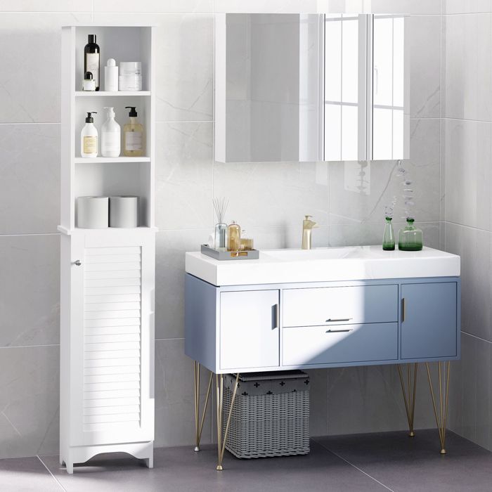 Meuble colonne de salle de bain - AKOZON - 7637 - Blanc - 3 niches et placard - 2 étagères réglables