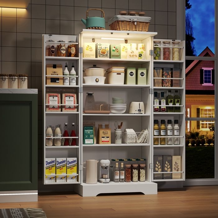 Buffet Cuisine Armoire de Cuisine Multifonctionnelle avec Capteur LED Étagères Réglables en HauteurMeuble Rangement avec 2 Portes