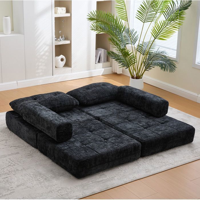 Canapé-lit pliable noir en chenille avec coussins de tête et lombaires