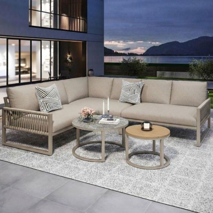 Salon de jardin dangle exterieur - Canapé dangle 3 modules - Acier galvanisé - Corde tressée - Coussins beige