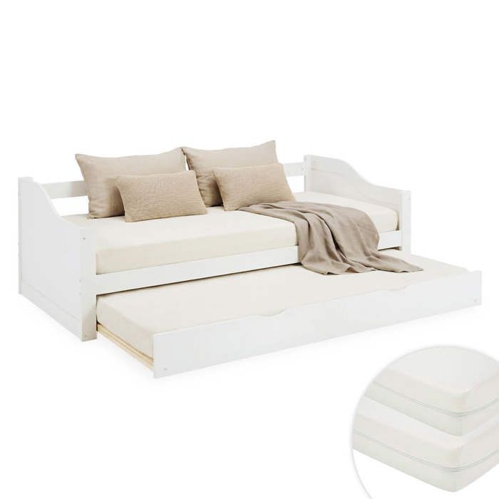 Lit en bois 90 x 200 cm blanc extensible couchette avec matelas lit gigogne lit double lit fonctionnel