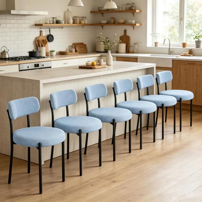 VIVOLILV Lot de 6 Chaise Peluche Teddy Bleue RembourréeTissu Bouclette Ultra-DouxPieds Métal NoirPour Salle à Manger Cuisine