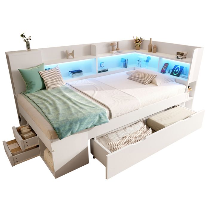 Lit 1 place 90x200 blanc bois composite LED étagères et tiroirs USB & USB-C sommier inclus sans matelas