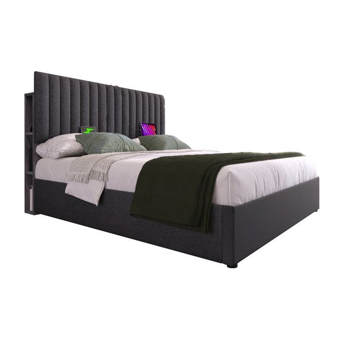 Lit double capitonné 160x200 cm - gris - tête de lit LED avec USB et Type-C - rangement - sommier à lattes