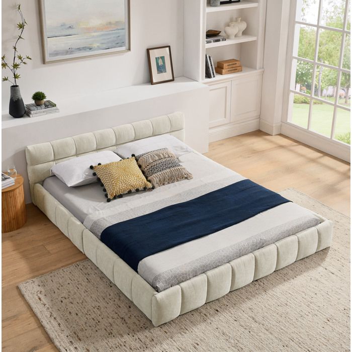 Lit rembourré 2 places – Chenille beige – 160 x 200 cm – cadre en fer et bois deucalyptus – sans matelas