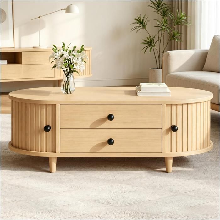 Table Basse Ronde - 100×50×36 cm Bois Naturel 2 Portes Coulissantes 2 Tiroirs Pieds en Bois Massif Charge 50 kg Pour Salon