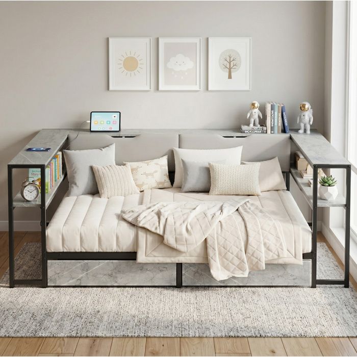 Lit combiné 140 x 200 cm gris béton avec USB Type-C 2 tiroirs sommier à lattes MDF et métal