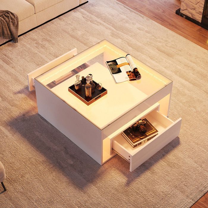 Table basse haute brillance 70x70x35cmavec 2 tiroirstable de salon avec ajourétable à manger en verre trempé avec LED blanc