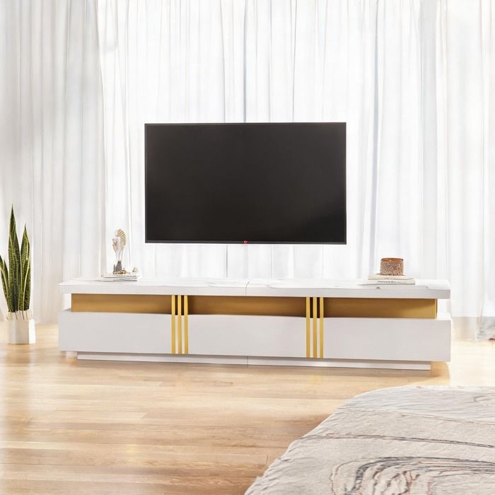Meuble TV bas 200 cm avec 3 tiroirs et passe-câbles finition blanc effet marbre pour écrans jusqu’à 90 pouces